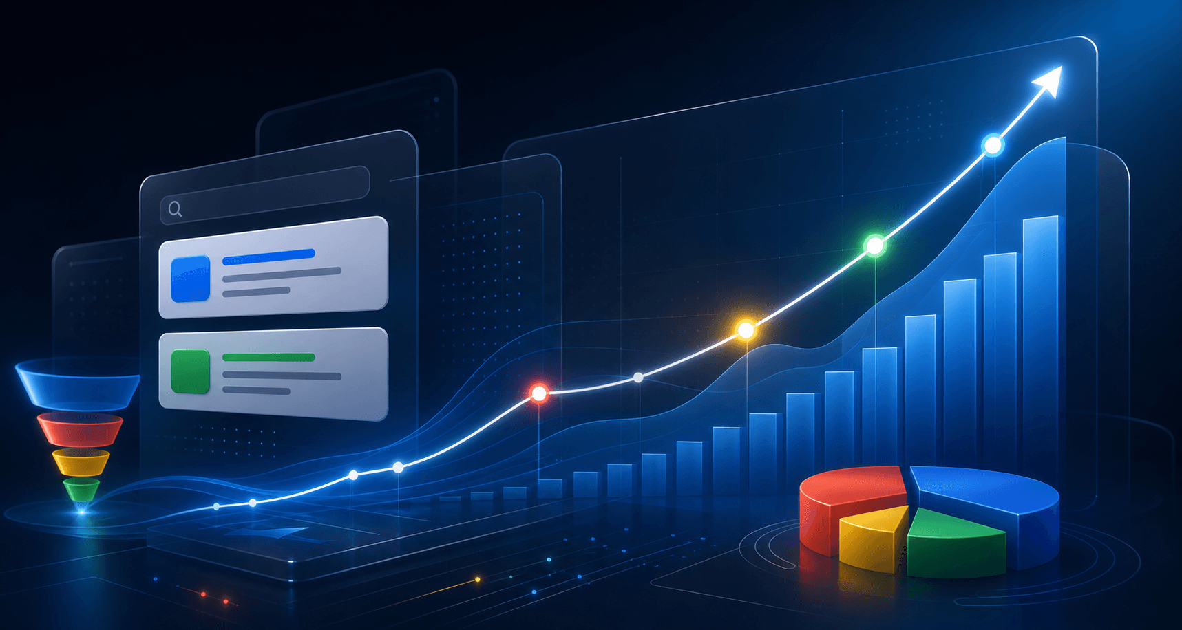 Illustrative advertising analytics with an upward performance chart